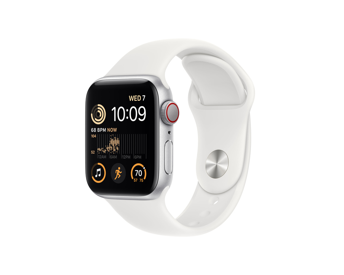 Apple Watch SE 2022 GPS + Cellular 40mm Silver Aluminiumboett med Vit Sport Band - Regular